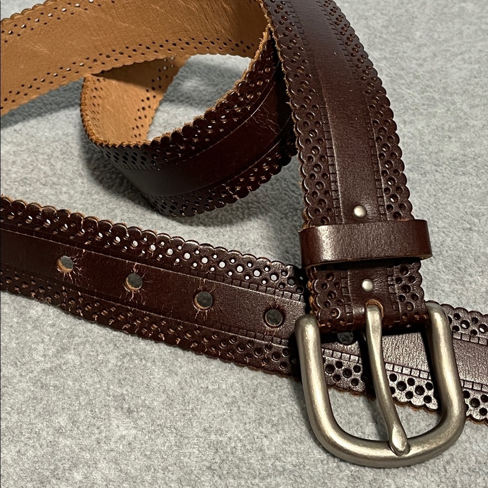 Boho Leather Bonded Belt Womens Medium Brown Silver Brass Buckle Lazer Cut
